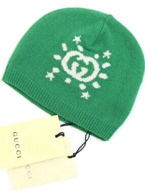 Gucci Green Knit Kids Wool Beanie with White Sun Motif